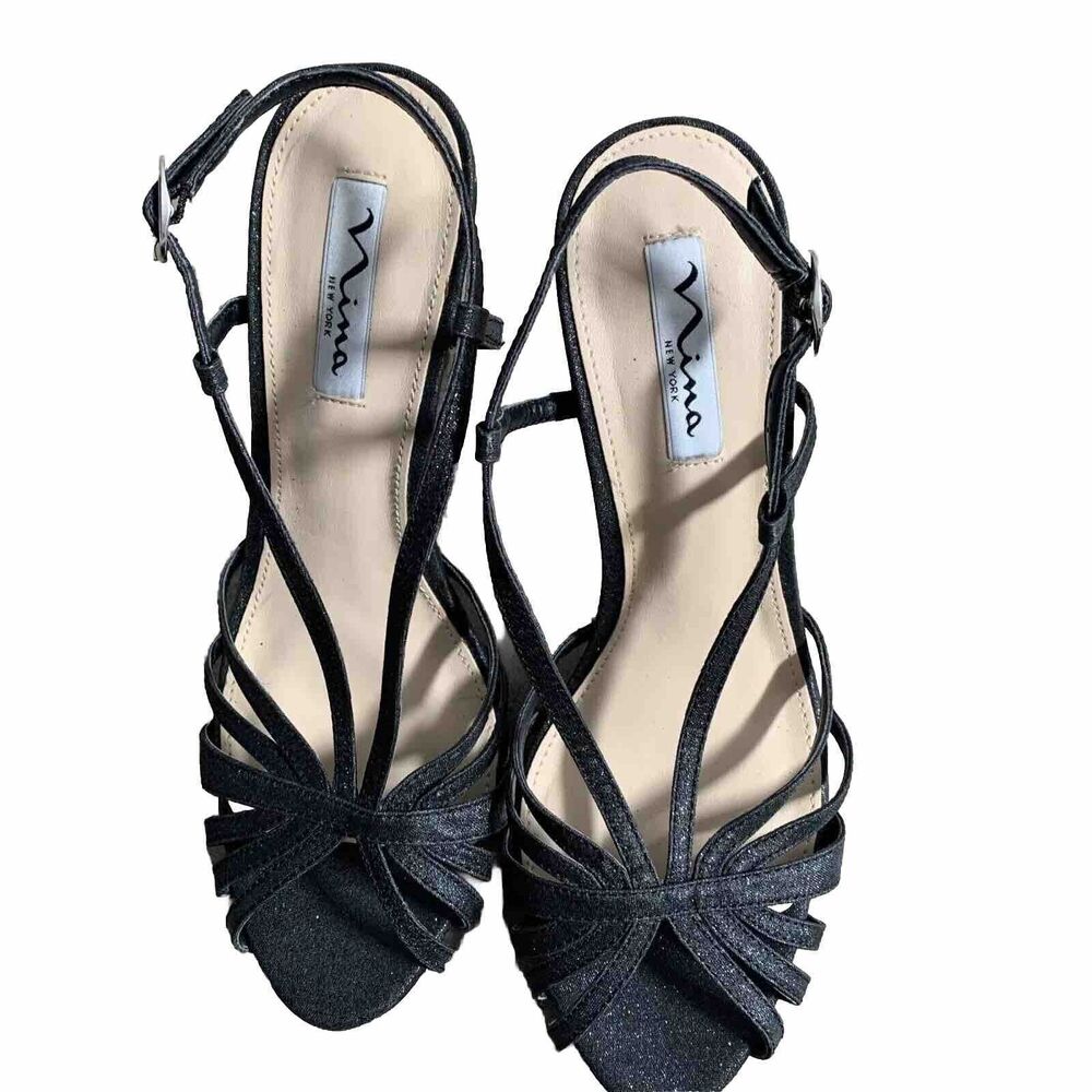 Nina Women‎ Sandals Black New York FENIX GLITTER  Size 8 Pencil Heels Straps